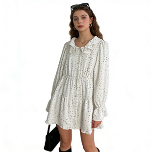 U1953时尚 春季 新款 娃娃领单排扣圆点印花显瘦甜美衬衣 女生衬衫