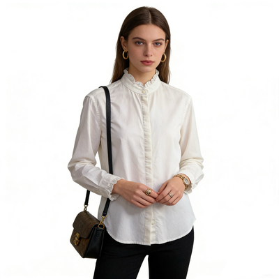 B4430外贸欧美女士衬衫新款花边立领暗扣时尚通勤风休闲长袖衬衣