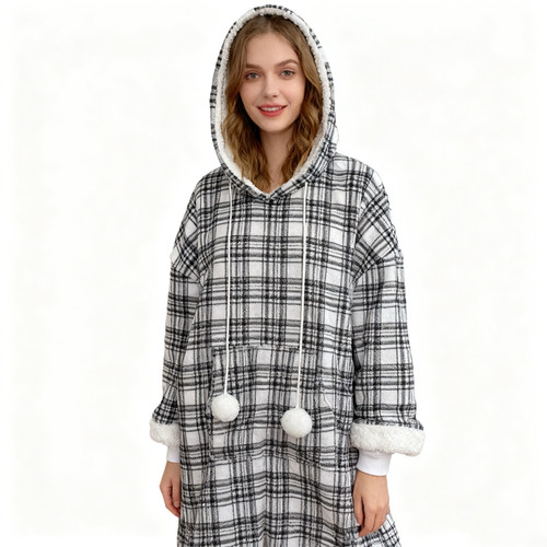 M0863任3件包邮外贸欧美女士毛绒家居服连帽羊羔绒加厚中长款睡衣