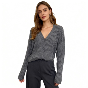 D760任3件包邮外贸欧美女装针织衫新款V领单排扣修身百搭毛衣开衫