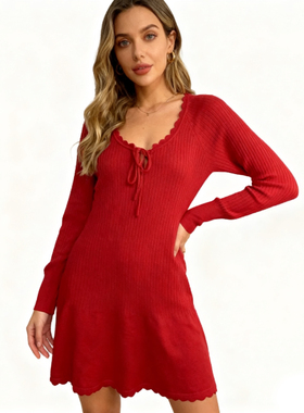 C8069任3件包邮外贸欧美单女士针织裙新款花边V领系带修身连衣裙