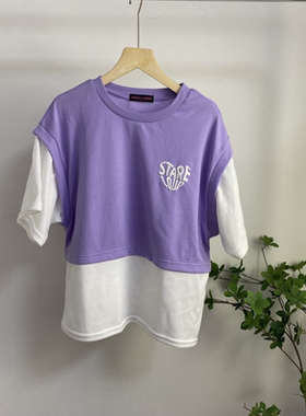 B2561任3件包邮外贸日单短袖上衣新款圆领拼色宽松女童休闲T恤