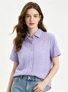 J8563外贸欧美镂空短袖衬衫女夏宽松显瘦百搭翻领单排扣透气上衣