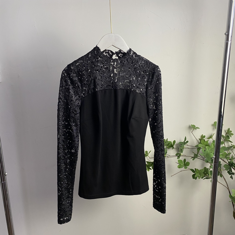 X8D02任3件包邮外贸时尚女士立领蕾丝拼接上衣显瘦打底衫百搭洋气