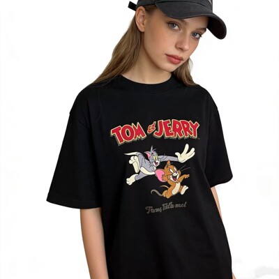 L5468外贸日单女装短袖T恤新款圆领套头卡通图案休闲上衣