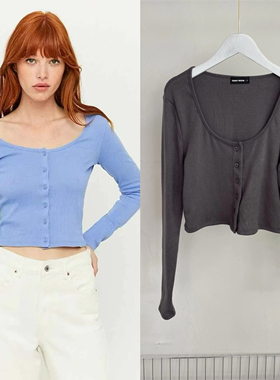 K5645任3件包邮外贸日单女士长袖T恤新款圆领单排扣修身短款上衣