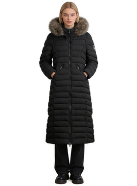 C7885外贸欧美单女装毛领棉衣冬款立领连帽修身显瘦长款过膝棉服