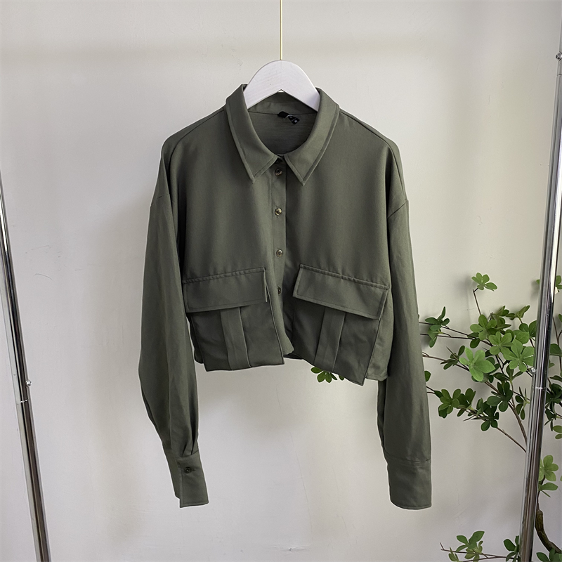 H8931任3件包邮外贸日单女士短款衬衫新款翻领单排扣宽松休闲上衣