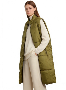 C0785外贸欧美单长款棉马夹冬季新款立领宽松无袖外搭保暖马甲