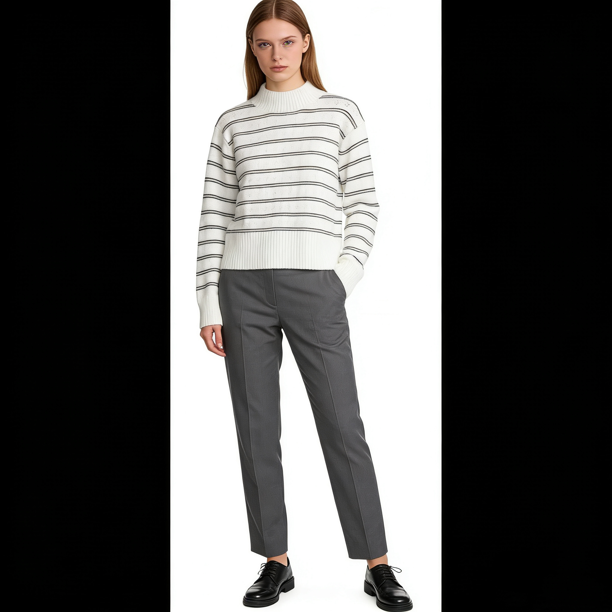 AA5637任3件包邮外贸欧美单女生毛衣半高领套头条纹短款针织衫