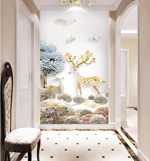 现代简约5d浮雕立体发财树麋鹿3d墙布玄关走廊8d壁画背景墙壁纸