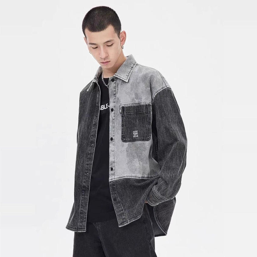 ABLEJEANS翻领长袖拼接牛仔衬衫