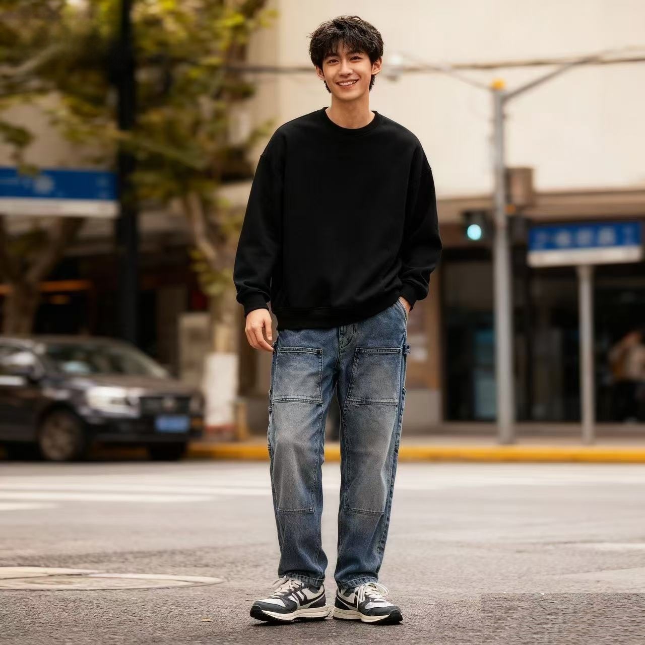 ABLEJEANS男牛仔裤宽松直筒长裤