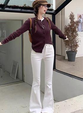 微喇女士牛仔裤ABLE JEANS春秋立体高腰弹力白色潮流拖地马蹄裤子