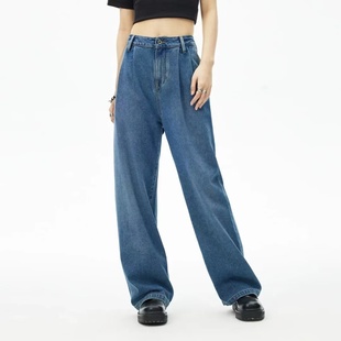JEANS女牛仔裤 拖地裤 复古蓝高腰宽松阔腿裤 潮流直筒长裤 美式 ABLE