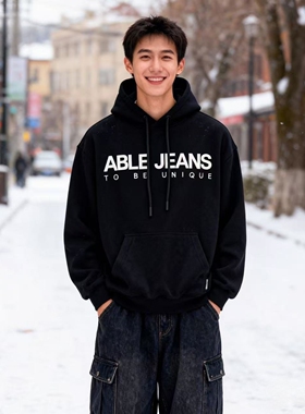 ABLE JEANS男女卫衣秋冬新品黑色连帽针织运动宽松套头针织衫外套