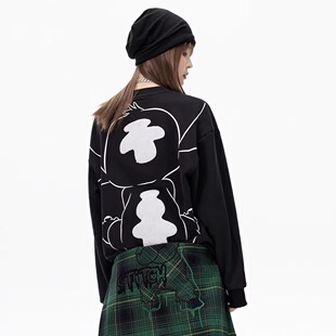 中性款ABLE JEANS卫衣史迪奇联名款黑色圆领刺绣宽松长袖外套