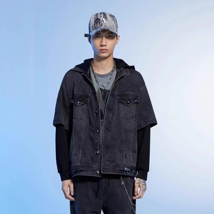 黑色牛仔夹克假两件连帽休闲外套宽松拼色 JEANS男女同款 新款 ABLE