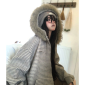 TUDOU土豆猫韩系毛领条纹卫衣开衫 加绒外套女宽松慵懒风2025新款