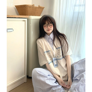 TUDOU土豆猫费尔岛假两件短袖 夏学院风上衣 t恤女宽松慵懒2026新款