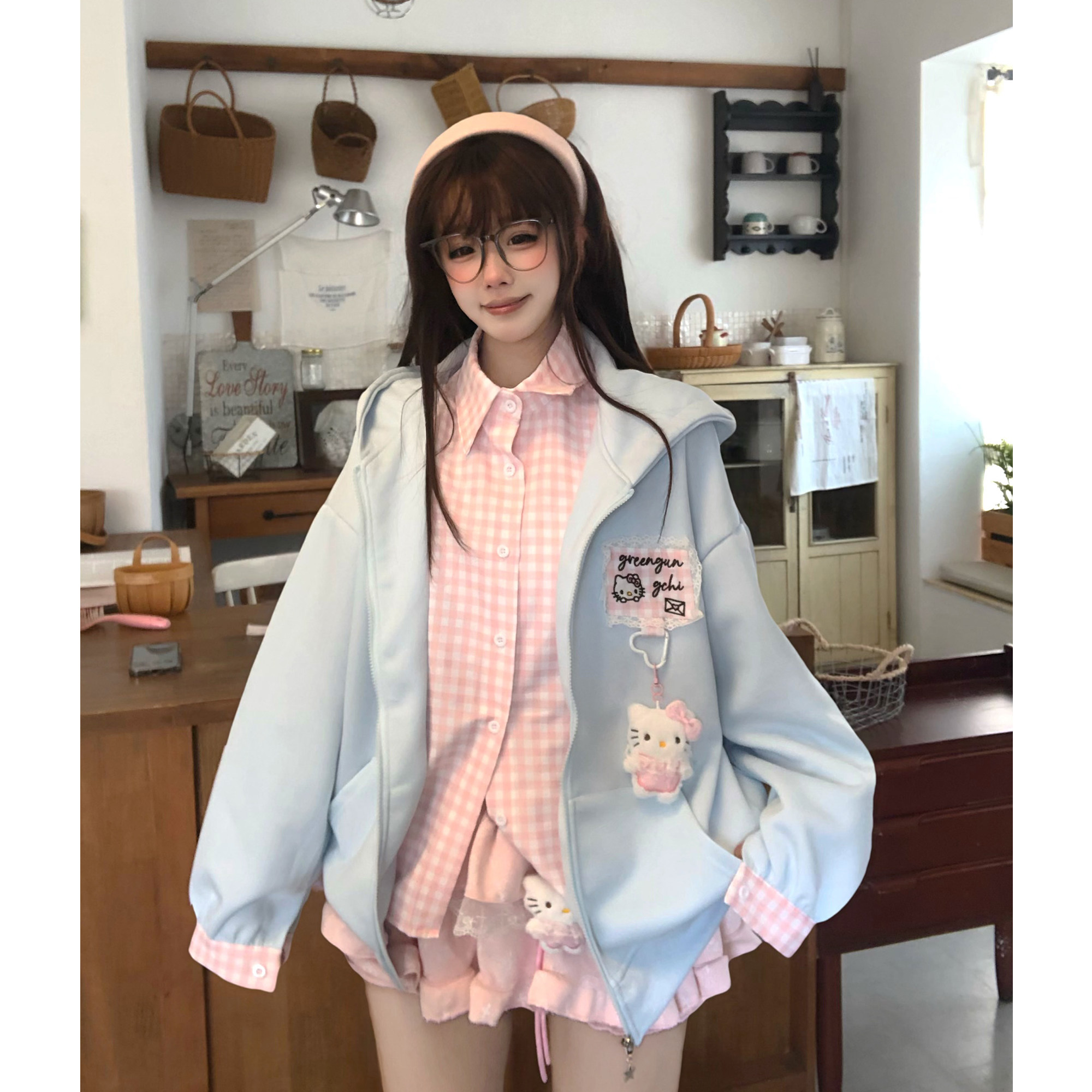 TUDOU土豆猫可爱假两件连帽卫衣女设计感小众宽松慵懒早春外套女