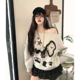 TUDOU土豆猫韩系早秋穿搭斜肩卫衣女2025宽松慵懒松弛感露肩上衣