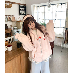 TUDOU土豆猫粉色可爱kitty猫连帽卫衣外套女宽松慵懒风设计感小众