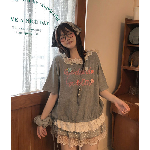 土豆猫韩系斜肩短袖t恤女宽松