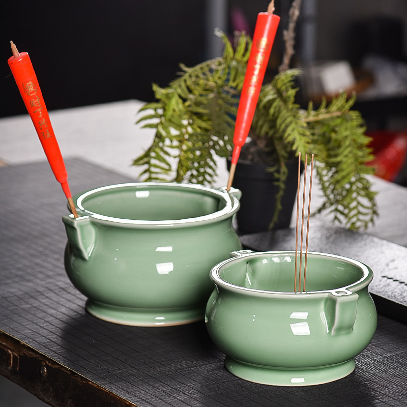 青瓷香炉大号供奉平底炉线香炉家用室内供佛插香炉烧香双耳香薰炉,家居饰品,香薰炉,淘宝优惠券,粉丝福利购,淘宝优惠卷