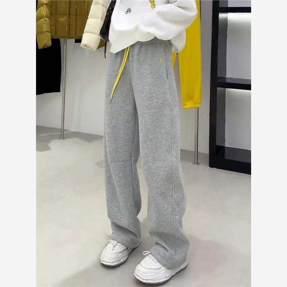 灰色加绒抽绳撞色阔腿裤