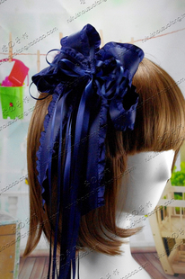 夏秋季新款深蓝藏蓝色森系手工超大蕾丝蝴蝶结发饰长缎带发夹