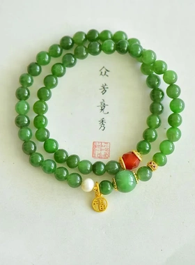 原创设计新中式双圈手链天然和田玉碧玉圆珠双圈手串女式福牌手饰