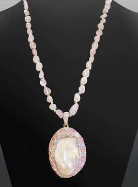 清凉个性粉水晶60cm长链碧玺吊坠项链毛衣链天然巴洛克珍珠微瑕