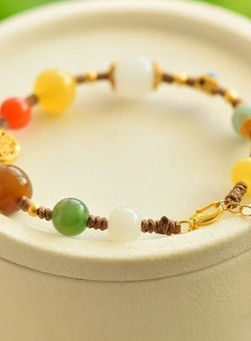 女式多宝手链dyi蜜蜡白玉南红碧玉翡翠多宝手链古法银饰复古手链