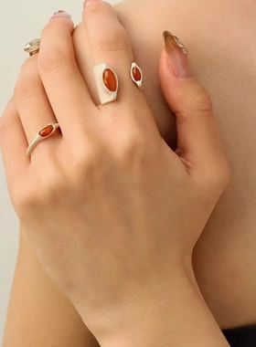 董洁同款S925纯银落日蜜蜡戒指手工磨砂质感小众设计复古通勤细戒