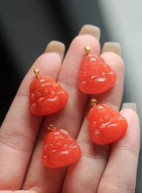 18k金扣头镶嵌天然川料南红弥勒佛吊坠新中国风佛公 约17x20mm