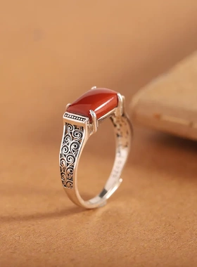 人品银品 泰银做旧手饰s925银饰品女式南红玛瑙戒指 马鞍戒指环