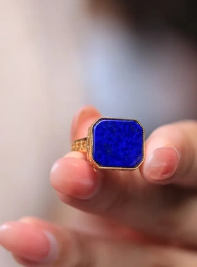 天然青金石简约方形戒指活口可调大小s925通体纯银镀金镶嵌不掉色