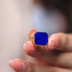 天然青金石简约方形戒指活口可调大小s925通体纯银镀金镶嵌不掉色