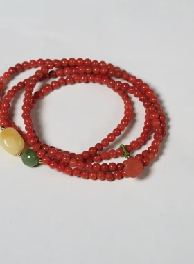 女式南红四圈手链细小款南红莲蓬手 配多宝蜜蜡碧玉手串民族风