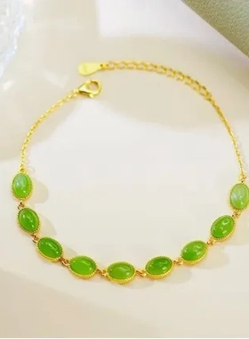 天然和田玉老坑碧玉阳绿蛋面精美手串手链S925银5mm 7mm面