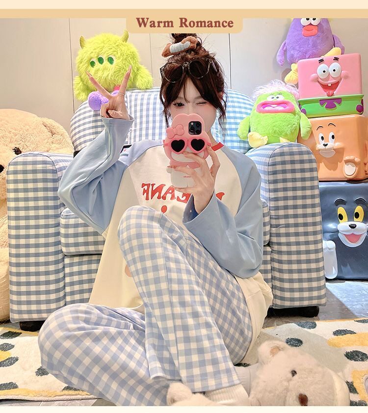 睡衣女春秋季长袖两件套秋冬款简约可爱女士学生家居服套装可外穿