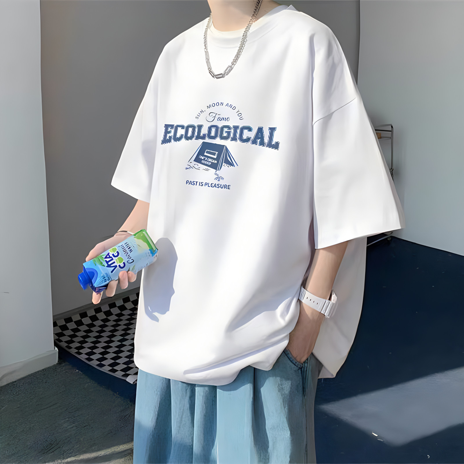 港风短袖t恤男士夏季薄款潮流宽松半袖青少年男生冰丝体恤上衣服