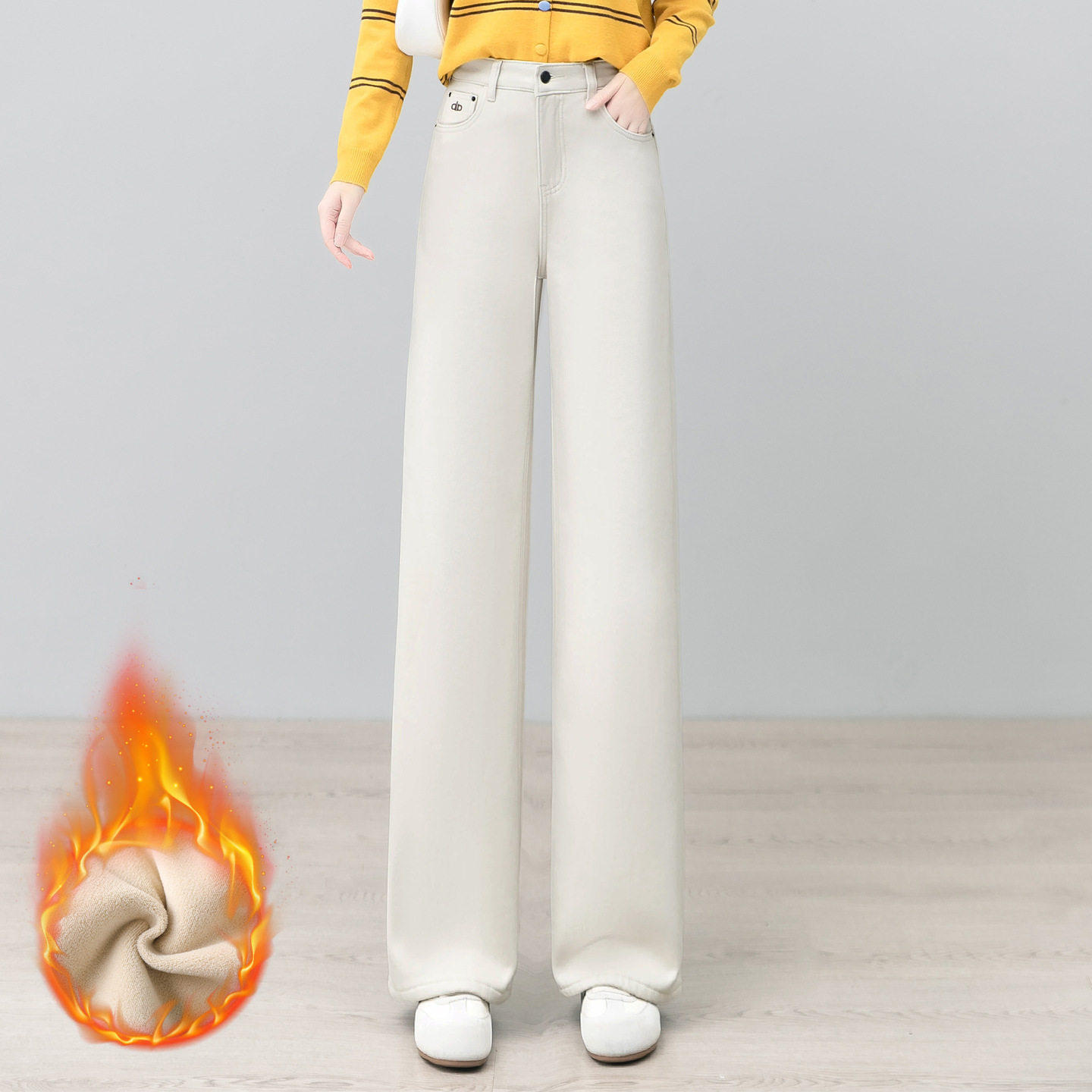 米白色加绒加厚牛仔阔腿裤女2025年秋冬季新款高级垂感窄版直筒裤