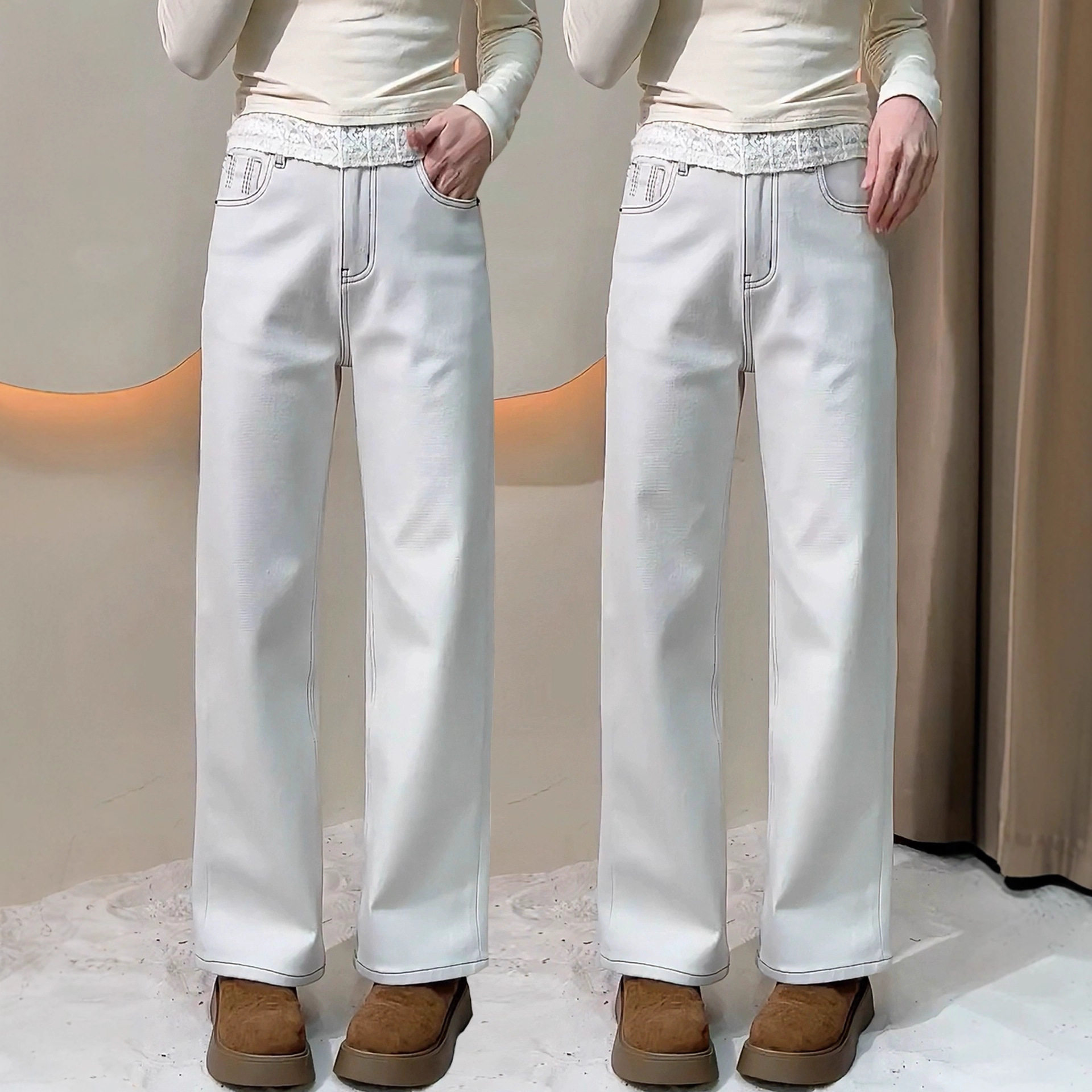 石灰白牛仔阔腿裤女2025年秋冬季新款加绒加厚弹力显瘦窄版直筒裤