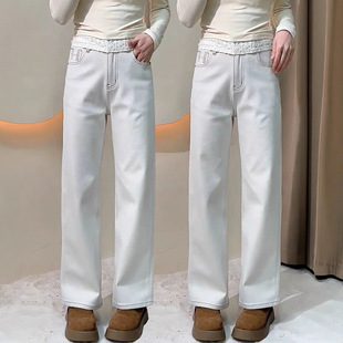 石灰白牛仔阔腿裤女2025年秋冬季新款加绒加厚弹力显瘦窄版直筒裤