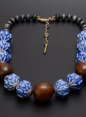 欧美KC蓝色瓷珠木珠夸张项链
