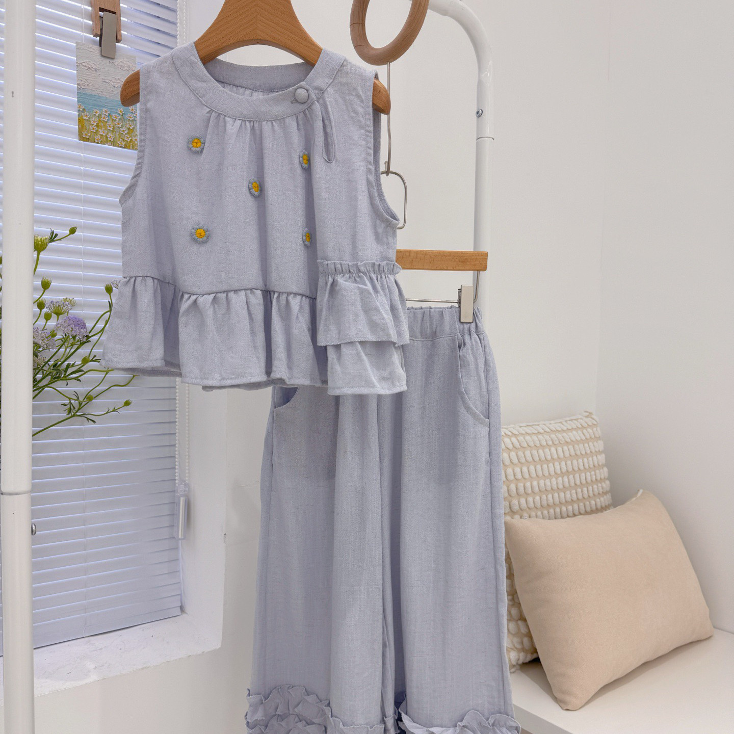 2026夏装新款女童棉麻混纺无袖上衣+阔腿裤两件套 中大童手工雏菊