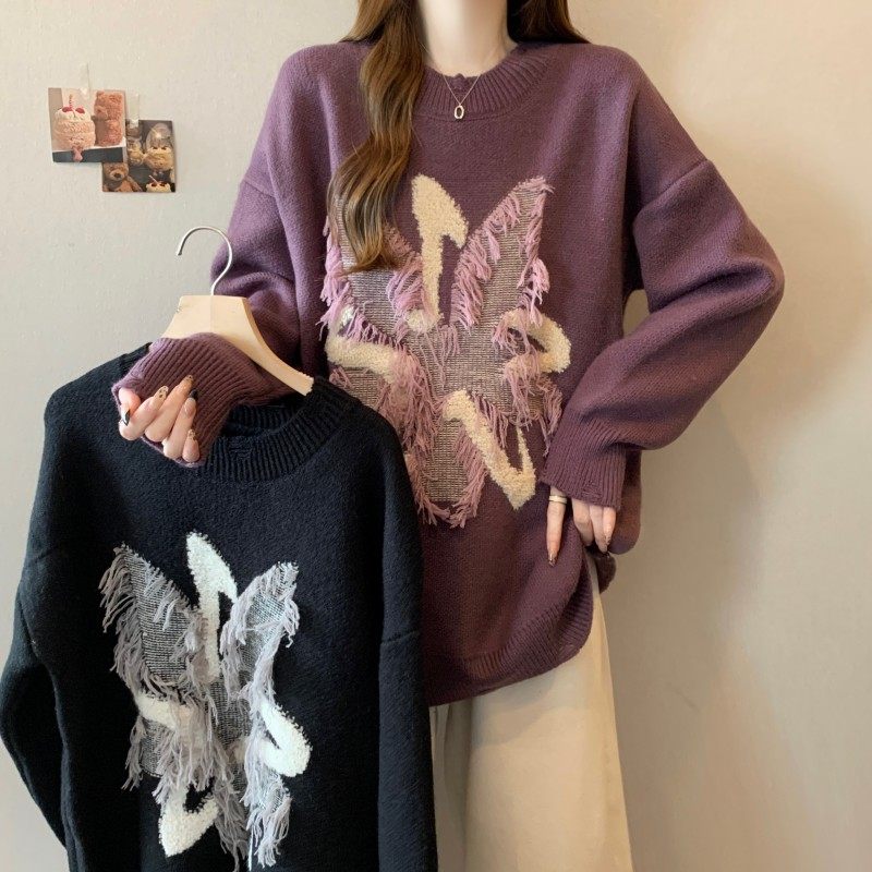 大码女装2025秋季新款圆领落肩袖重工针织长袖套头宽松百搭毛衣潮,女装/女士精品,大码内搭,淘宝优惠券,粉丝福利购,淘宝优惠卷