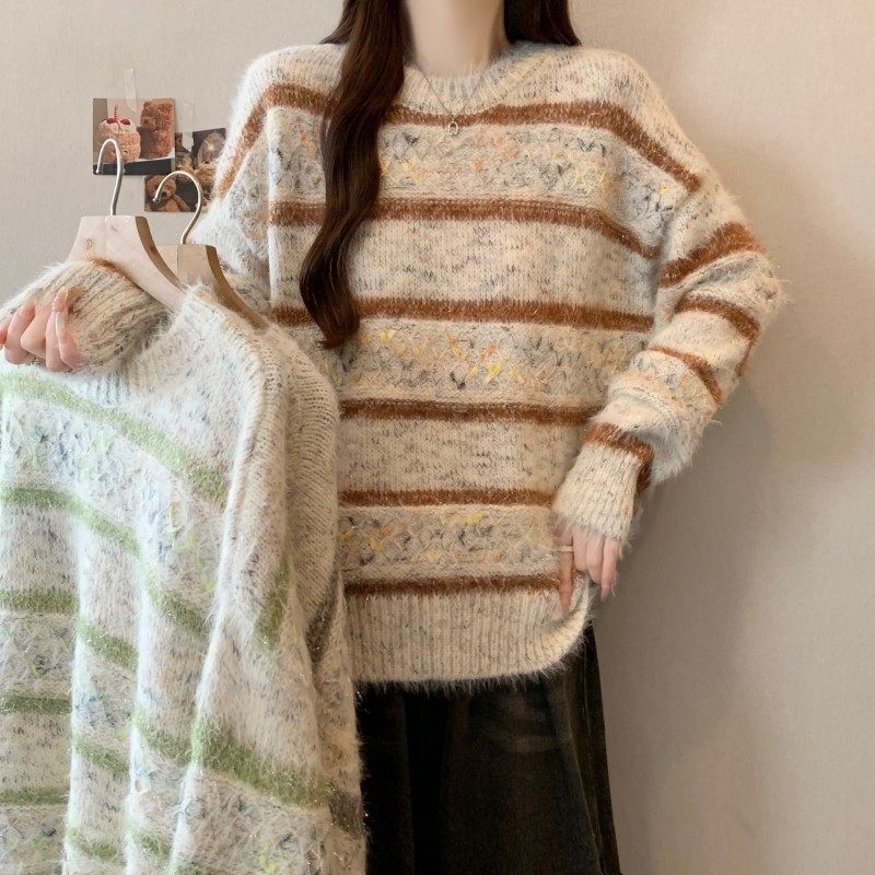 大码女装2025秋冬新款圆领撞色条纹落肩袖宽松套头长袖上衣毛衣潮,女装/女士精品,大码内搭,淘宝优惠券,粉丝福利购,淘宝优惠卷